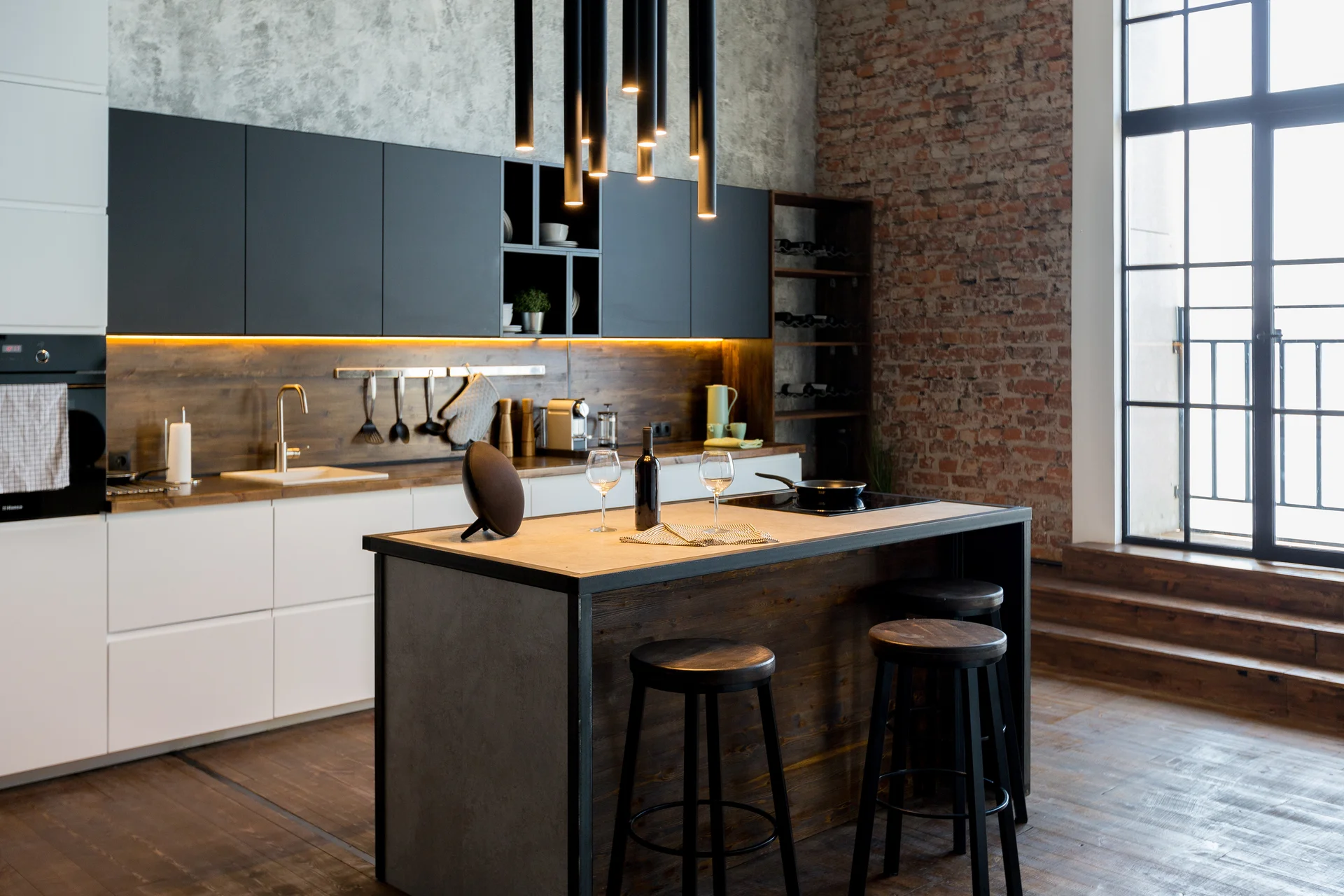 Loft siyah ahşap ada mutfak dolabı - Paşa Mobilya
